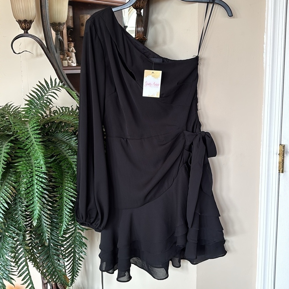Brand New DO+BE Black One Shoulder Long Sleeved Ruffle Hem Faux Wrap Dress